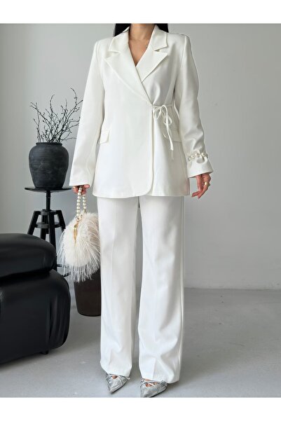 Moda İkra Blazer Jacket Wide Leg Pants Set with a Wide Fabric Belt Tied at th...