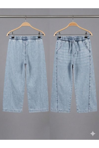 Esprix Kids Girl's Soft Tencel Denim Pants with Elastic Waist and Drawstring Wide Leg Comfortable Fit Wide Leg