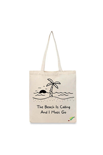 BYFT Tote Bag - The Beach is Calling Printed Stylish Carry-All Cotton Tote Se...