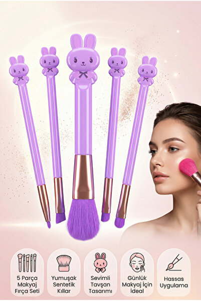 MUJGAN Tavşan Tasarımlı 5'li Makyaj Fırça Seti Mor Renk