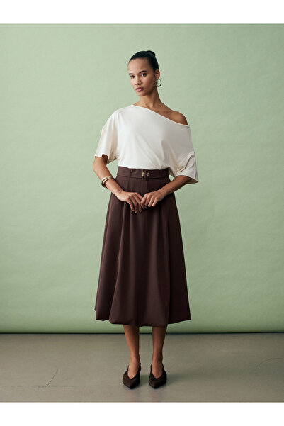 Dilvin 81075 Belt Balon Midi Skirt-Brown