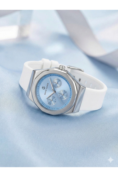 DAVID GUNER Kadın Kol Saati 34 mm Beyaz Silikon Kordon Mavi Kadran Çelik Kasa...