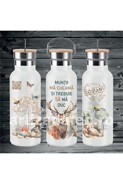 LimArt Termos 500 ml din otel cu capac din bambus, perete dublu "MUNTII MA CH...