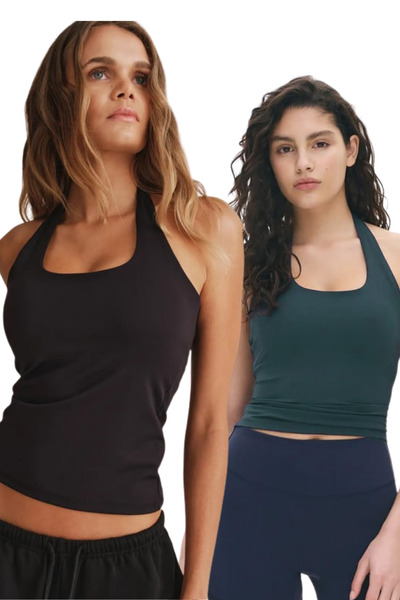 Madmext Set de 2 maiouri pentru femei, cu guler halter, afumat/negru MG2680