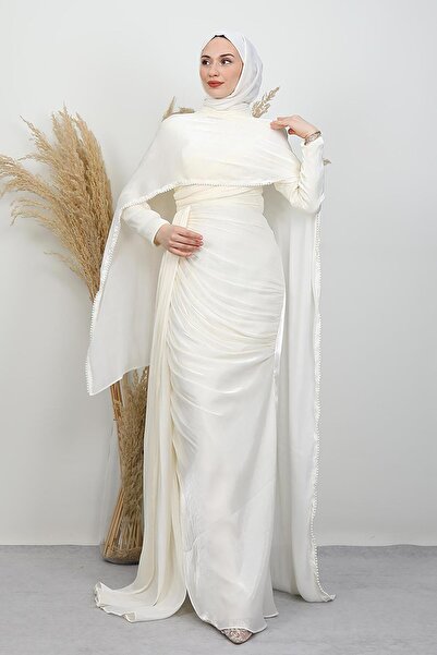 lizatesettür İncili Fular Yoryo Abiye Krem