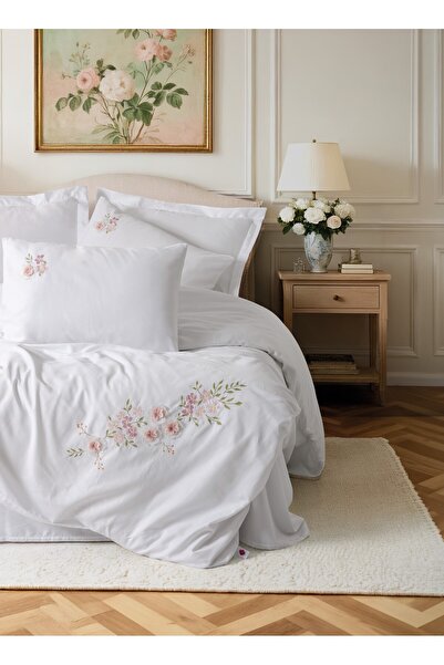 Cotton Box Satin brodat 3D pentru două persoane lenjerie de pat Floret Alb