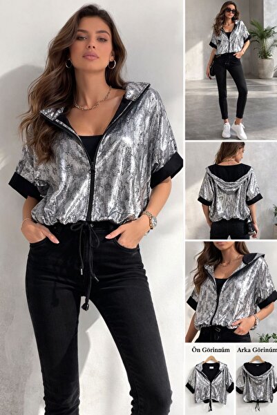 SenSev Kadın Gümüş Yılan Desenli Kapüşonlu Fermuarlı Ceket Bluz