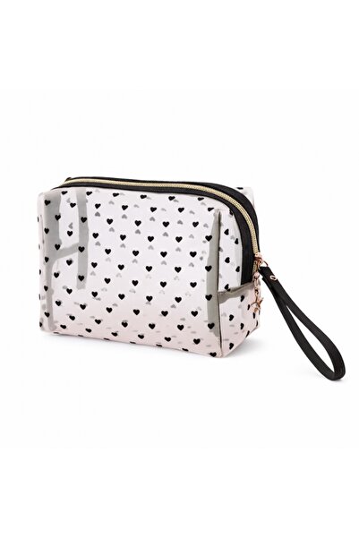 ECARLA - Geantă transparentă pentru cosmetice cu inimioare negre