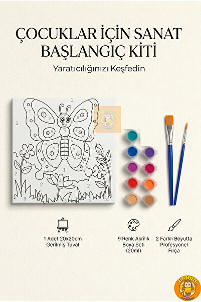 Hobiart Sayılarla Boyama Seti - Çocuklar İçin 20x20 cm Tuval Kelebek - 9 Renk...