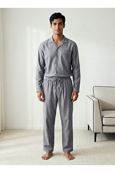 FAV Men Cotton Striped Button Down Nightwear Set