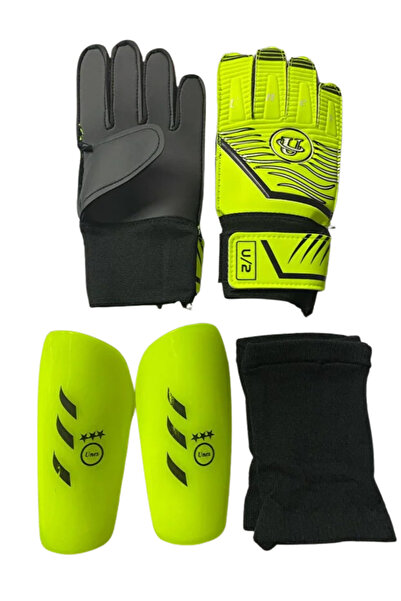 unes Yellow Goalkeeper Gloves + Yellow Shin Guard Football Set