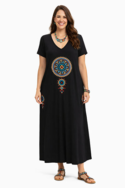 Kadın Siyah Mandala Bohem Desenli, V Yaka, Cepli, Uzun, Rahat Kesim, Günlük, Yazlık Elbise