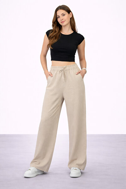 İDOL GİYİM Women's Tencel Fabric Comfortable Cut Wide Leg Pants Elastic Waist...