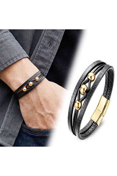 FM 💎   Premium Yellow Steel Ball and Black Leather Bracelet 31834B8D4 - 20 cm