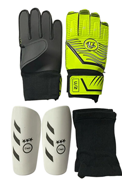 unes Yellow Goalkeeper Gloves + White Shin Guard Football Set