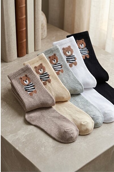 Esinti 5 Pairs Men's and Women's Teddy Bear Patterned Pack of Cotton Unisex C...