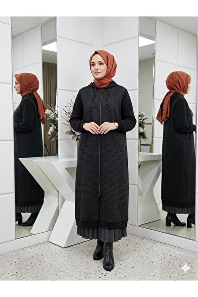 wishne Kadın Siyah Büyük Beden Kapitone Kap - Kapüşonlu Fermuarlı Tesettür Ka...