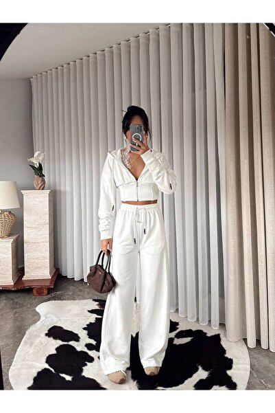 SUN STYLE Cotton Fabric Hooded Lace Detailed Cardigan Sweat & High Waist Pock...