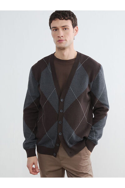 LC Waikiki Ανδρική πλεκτή ζακέτα με σχέδιο μπακλαβά σε ανθρακί χρώμα, κανονικ...