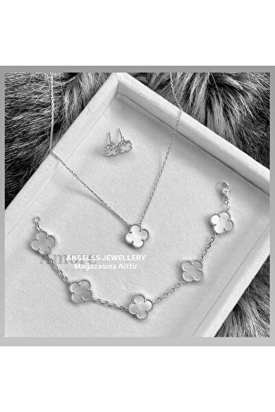 ANGELSS JEWELLERY Yonca Model Beyaz Silver Kolye Bileklik Küpe Seti Van Cleef...