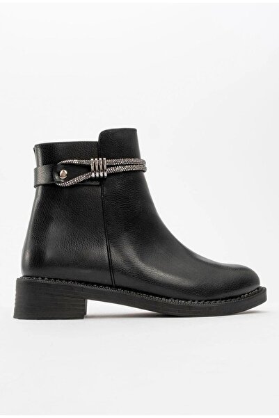 RVNS SHOES Kadın Siyah Düz Topuklu Fermuarlı Tokalı Rahat Bot&Bootie