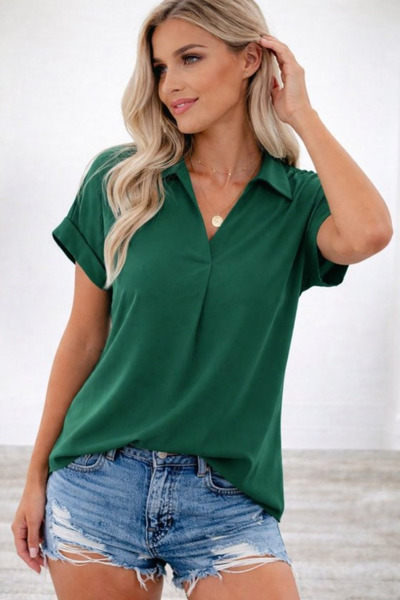 Viyamo Yeni Sezon Kadın Kısa Kollu Yakalı Pile Detaylı Dokuma Viskon Bluz