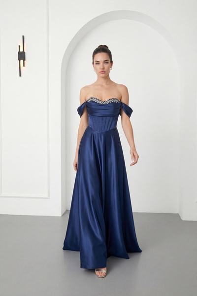 Lafaba Rochie de seară pentru femei, albastru marin, cu decolteu bărcuță, lun...