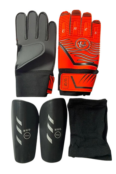 unes Orange Goalkeeper Gloves + Black Shin Guard Football Set