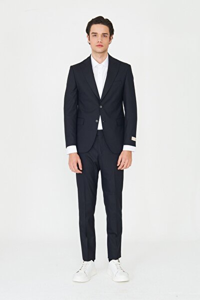 White Stone بدلة كلاسيكية ذات ياقة كلاسيكية باللون الأزرق الداكن من Thin Ç مخ...