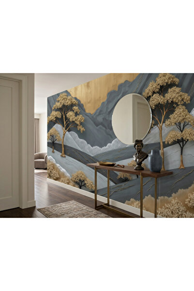 Tasarım Altın Ağaçlı Dağ Manzaralı Duvar Kağıdı – Modern Sanatsal Peyzaj Tasa...