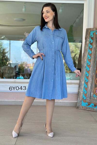 İnce Topuk Polo Collar Buttoned Tencel Dress 6Y043