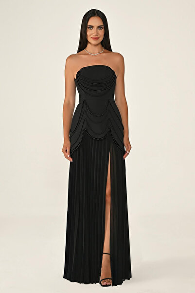 ALFABETA Straplez Boncuklu Eteği Piliseli Şifon Üst Krep Uzun Elbise Alfa Beta