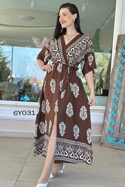 İnce Topuk V-Neck Waist-Length Dress Tie-Detail Viscose 6Y031