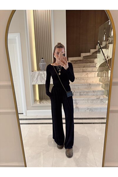 CKBUTİK Siyah Modal Kumaş Uzun Kollu İkili Düz Takım