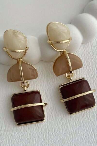Nevin Kaya Moda Brown Gold Detailed Earrings