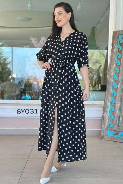 İnce Topuk V-Neck Waist-Length Dress Tie-Detail Viscose 6Y031