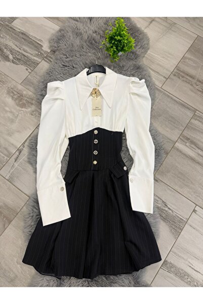 MADE İN ITALY Rochie tip camasa negru cu alb , bumbac cu camasa