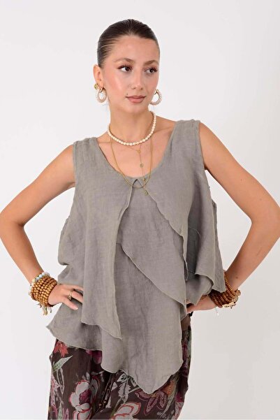Park Moda 14930 Asimetrik Kesim Keten Kolsuz Bluz