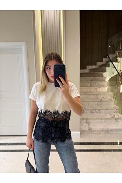 CKBUTİK Fustă albă și tricou din dantelă neagră