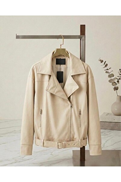 e butiğim Woman's ecru Belt piece Leather jacket
