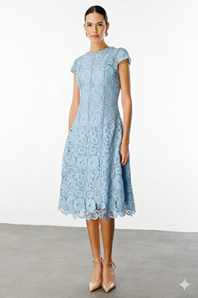 Nefeli İnci İşleme Detaylı Dantel Elbise BEBE MAVİ