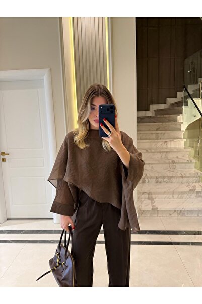 CKBUTİK Kahverengi Uçuşan Pelerin Bluz-5026