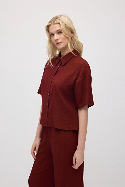 Gusto Short Sleeve Crinkle Blouse - Burgundy