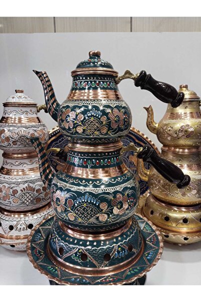KARACA BAKIR İşlemeli Bakır Çaydanlık-Osmanlı Ocaklı Demlik Takımı