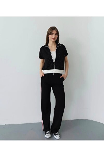 QİMYA BUTİK Şans Li̇fe Women's R Rib Knit Detailed Short Sleeve Stone Detaile...