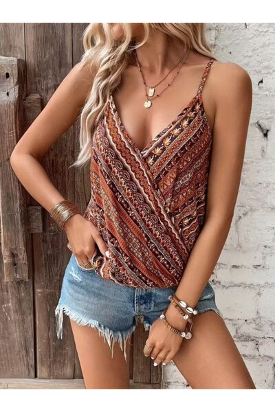 Kokosh moda Kadın Etnik Desenli V Yaka Süprem Bluz