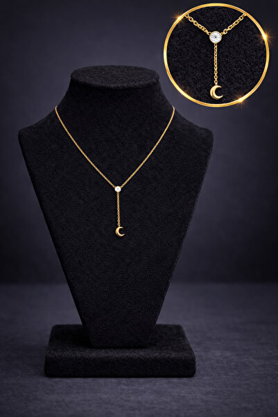 mdm style Minimal Zircon Stone Moon Pendant Gold Necklace