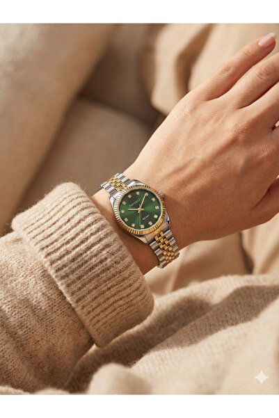 Ferrucci Milano Kadın Kol Saati 25 mm Yeşil Kadran Taşlı Çelik Kordon Gold Gümüş