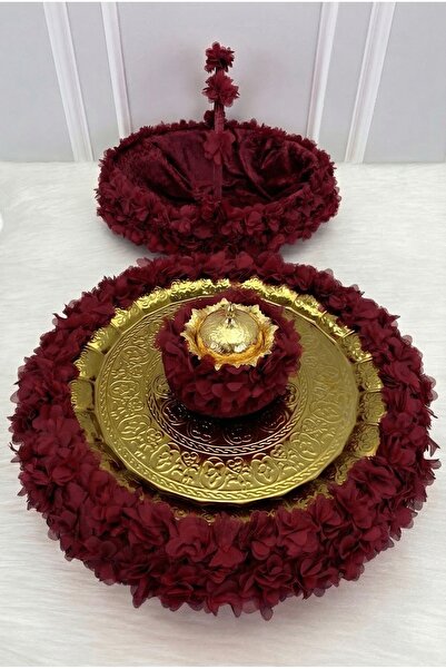 ZEYMERADE صينية نحاسية مزينة بالزهور باللون العنابي، مخمل صينية هينا جيتسايت،...