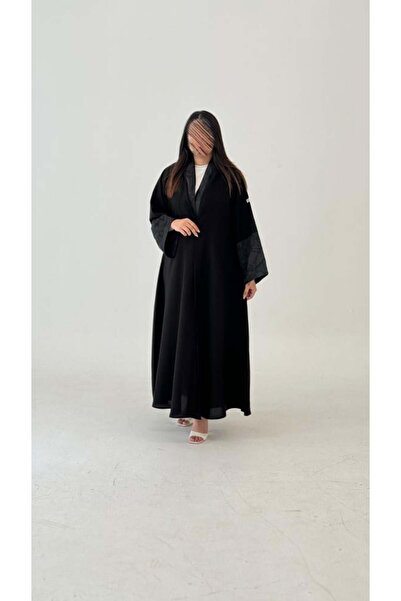 Tori Women's black linen abaya with jacquard sleeves, modern style -